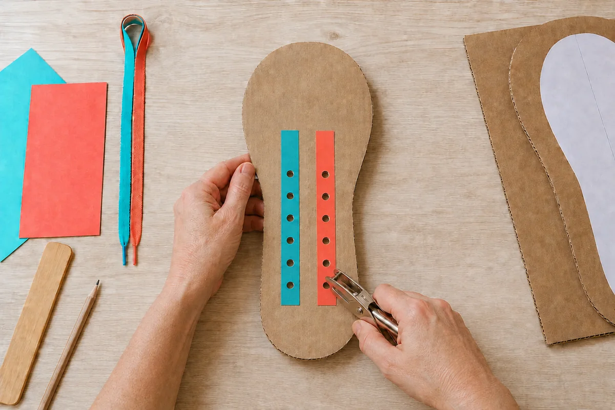 Étape 3 : six paires de trous renforcés et réguliers, pour « Créer une chaussure d'apprentissage du laçage en carton ».