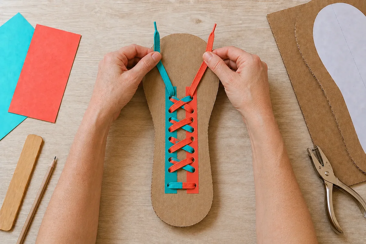 Étape 4 : lacet bicolore croisé sans torsion, pour « Créer une chaussure d'apprentissage du laçage en carton ».