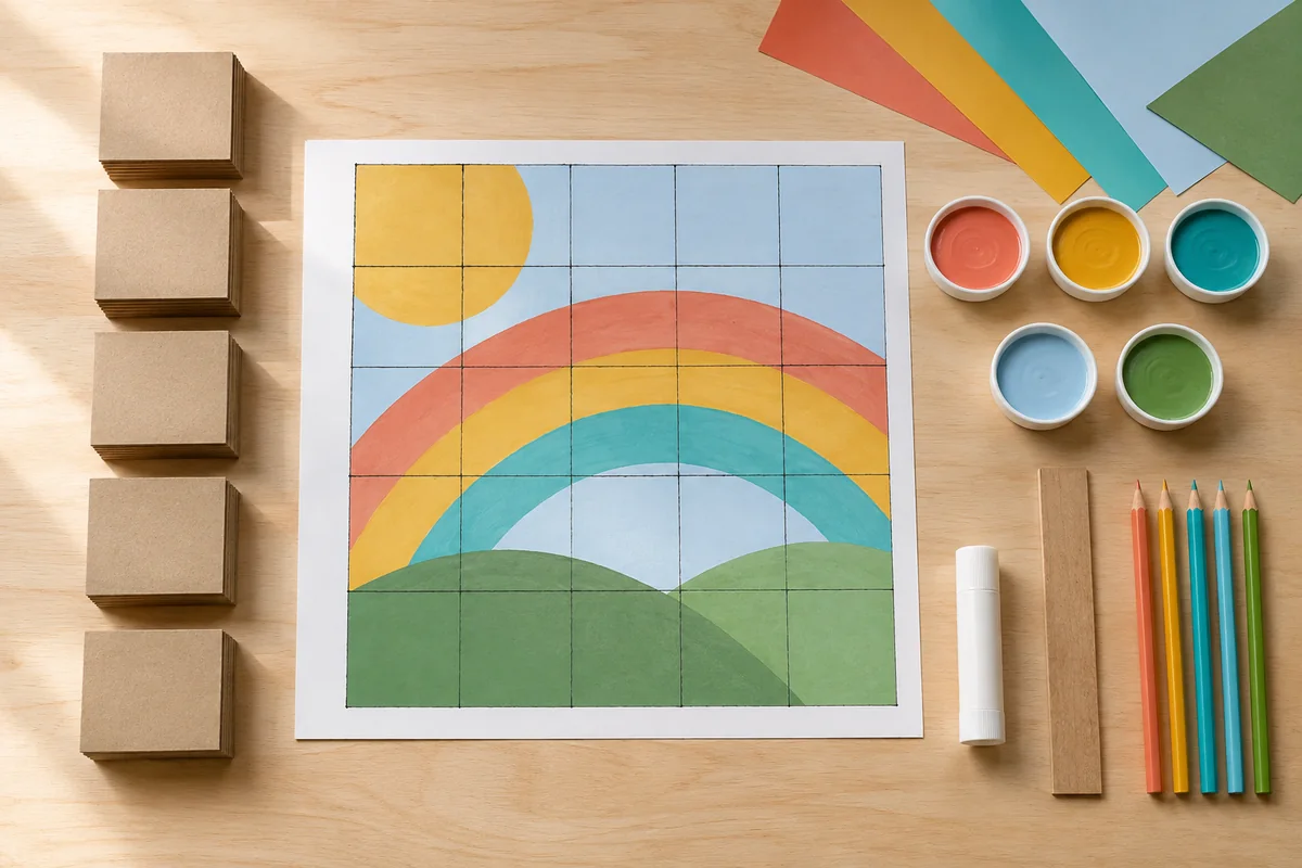 Étape 1 : plan de cinq par cinq avec grandes zones colorées, pour « Composer une fresque collective en mosaïque de vingt-cinq cartons ».