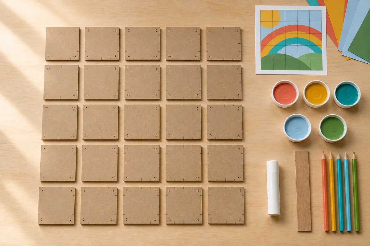 Étape 2 : cartons numérotés et consignes de bord propres, pour « Composer une fresque collective en mosaïque de vingt-cinq cartons ».