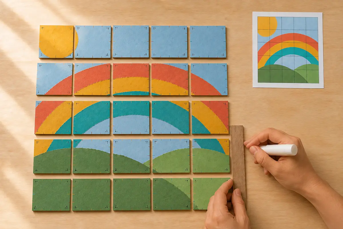 Étape 4 : rangées testées avec lignes qui se rejoignent, pour « Composer une fresque collective en mosaïque de vingt-cinq cartons ».