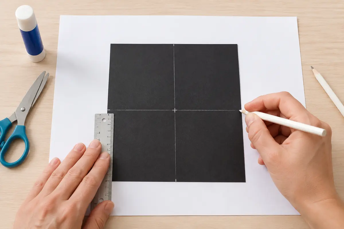Étape 1 : carré noir centré sur blanc avec quatre axes, pour « Réaliser un paysage en papier découpé selon l'art japonais du notan ».