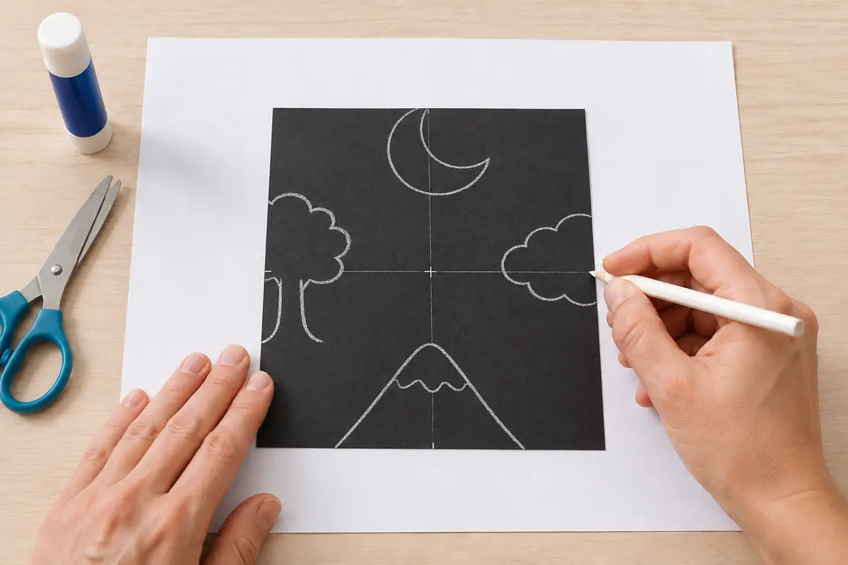 Étape 2 : formes de montagne arbre et lune touchant un bord, pour « Réaliser un paysage en papier découpé selon l'art japonais du notan ».