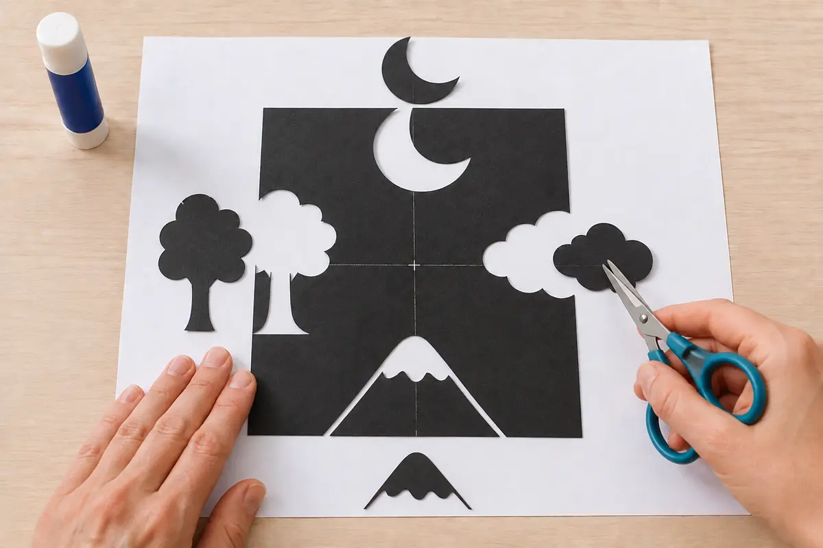 Étape 3 : découpes intactes rangées près de leur ouverture, pour « Réaliser un paysage en papier découpé selon l'art japonais du notan ».