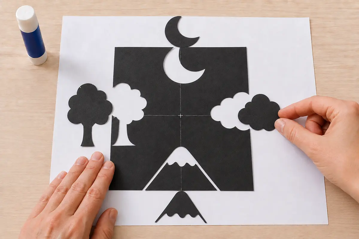Étape 4 : formes retournées vers l’extérieur en symétrie, pour « Réaliser un paysage en papier découpé selon l'art japonais du notan ».
