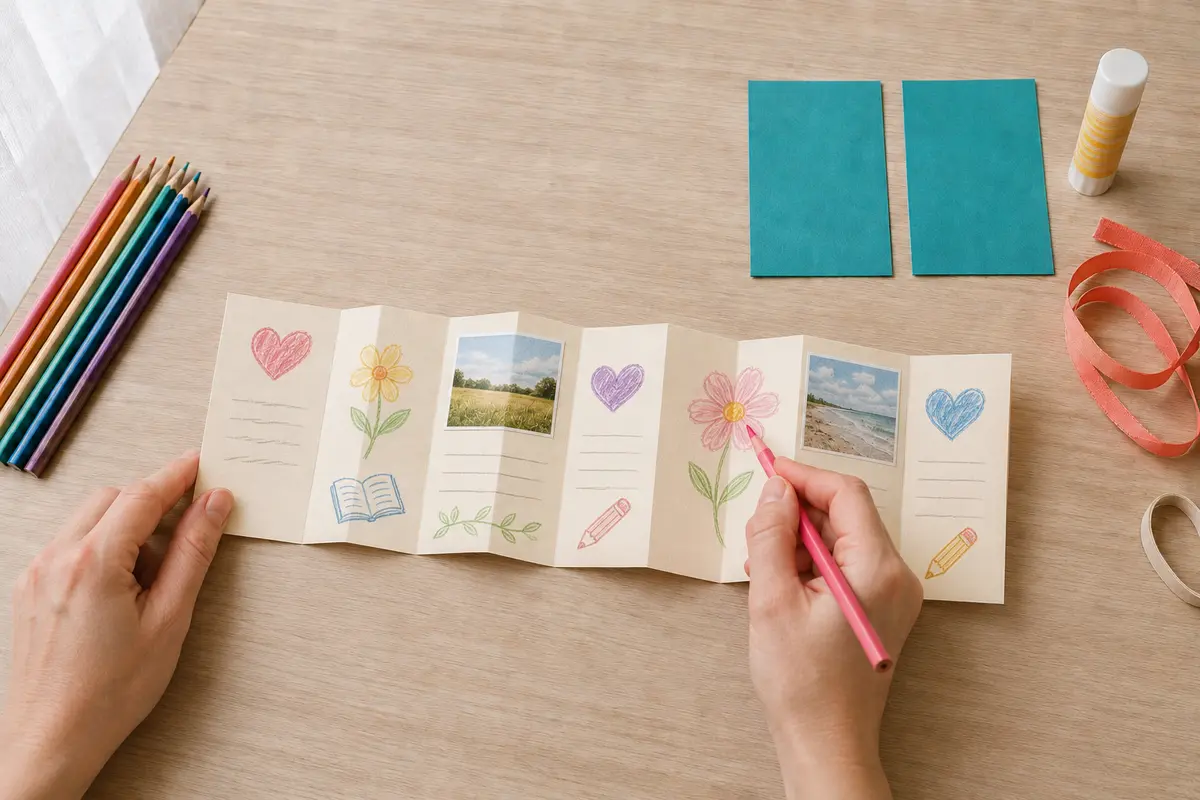 Étape 3 : contenus variés avec espace blanc et aucune donnée sensible, pour « Fabriquer un livre accordéon de remerciements pour l'enseignant ».
