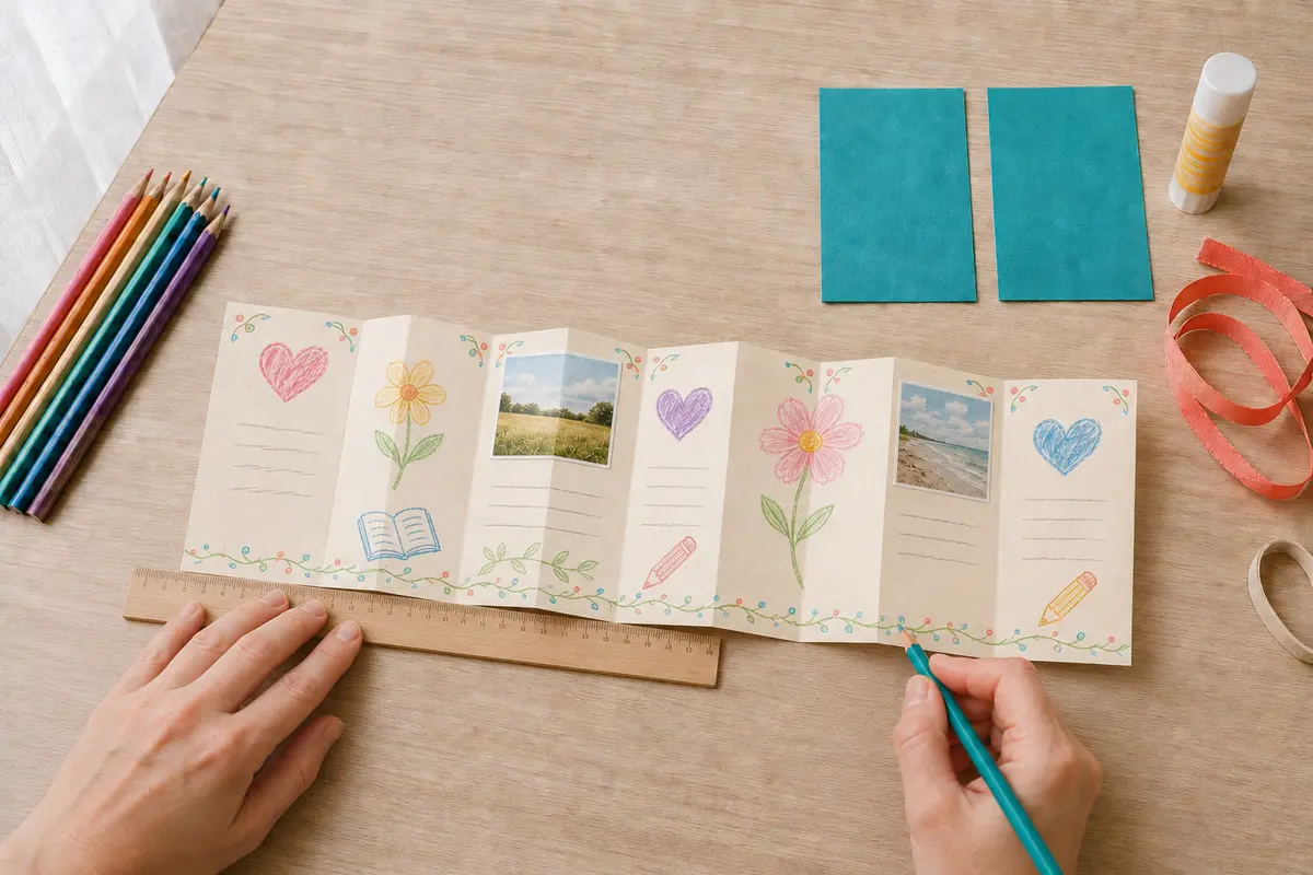 Étape 4 : livre relu avec motifs qui relient les pages, pour « Fabriquer un livre accordéon de remerciements pour l'enseignant ».