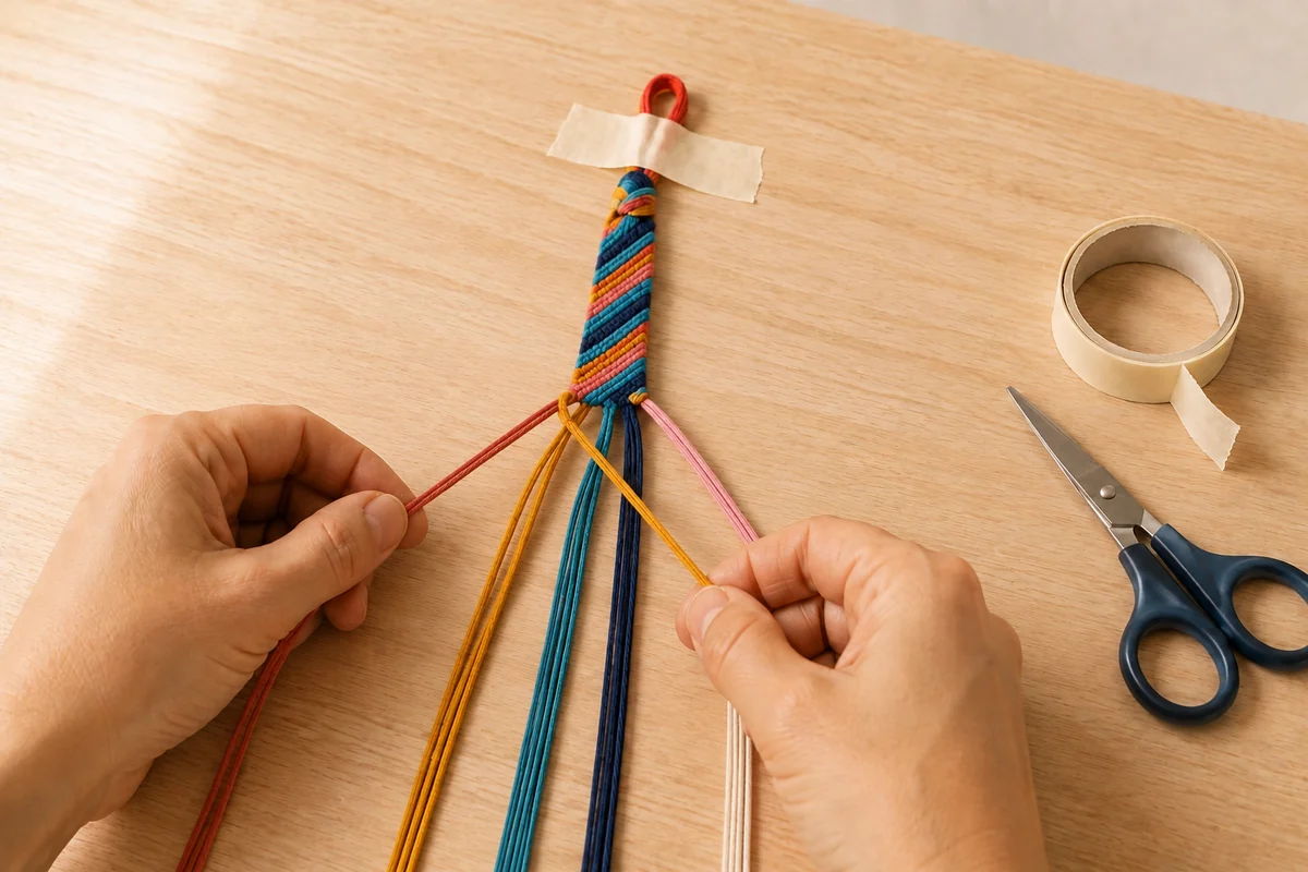 Étape 3 de bracelet brésilien : nouer les premières diagonales