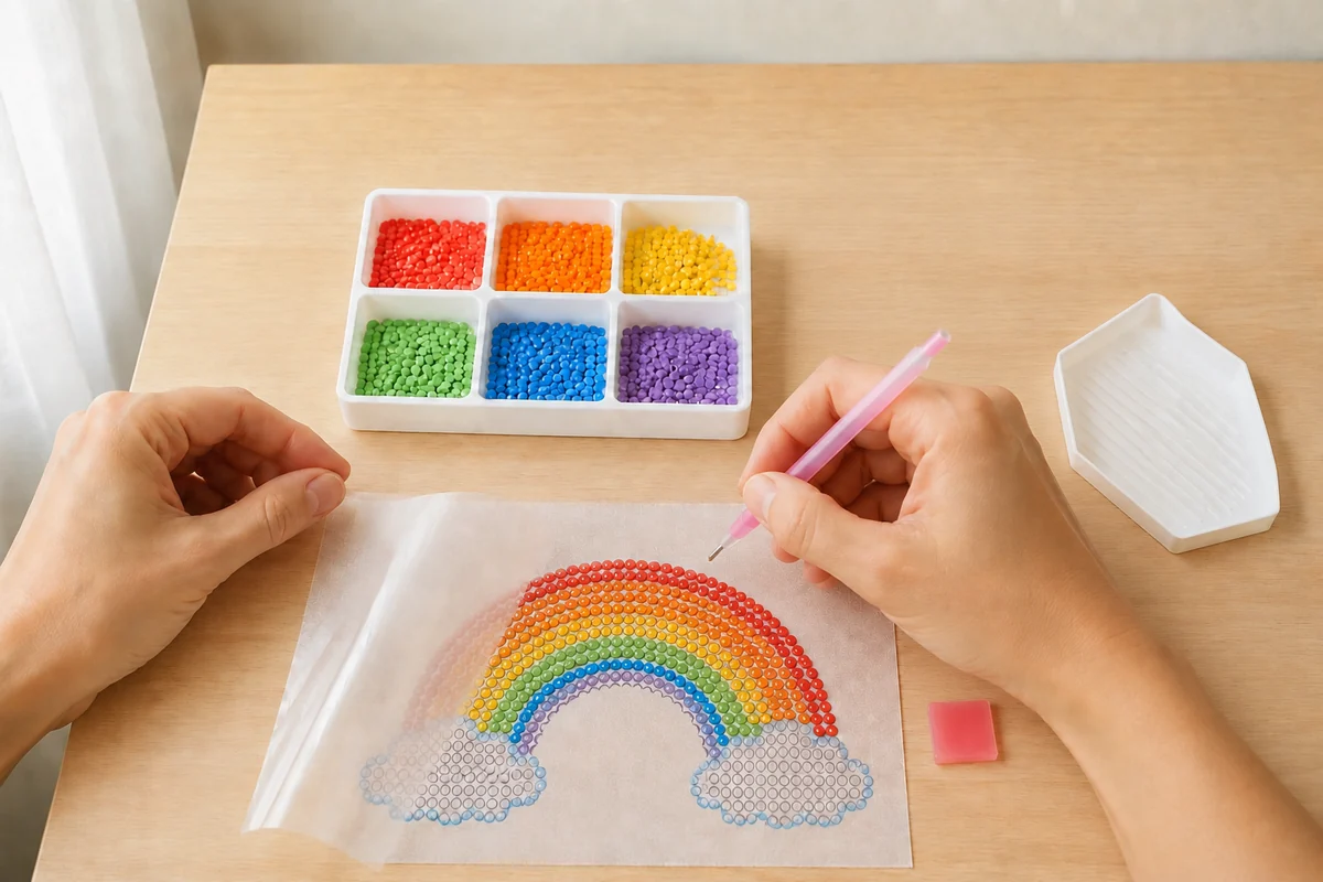 Étape 3 de diamond painting enfant : poser les premières lignes