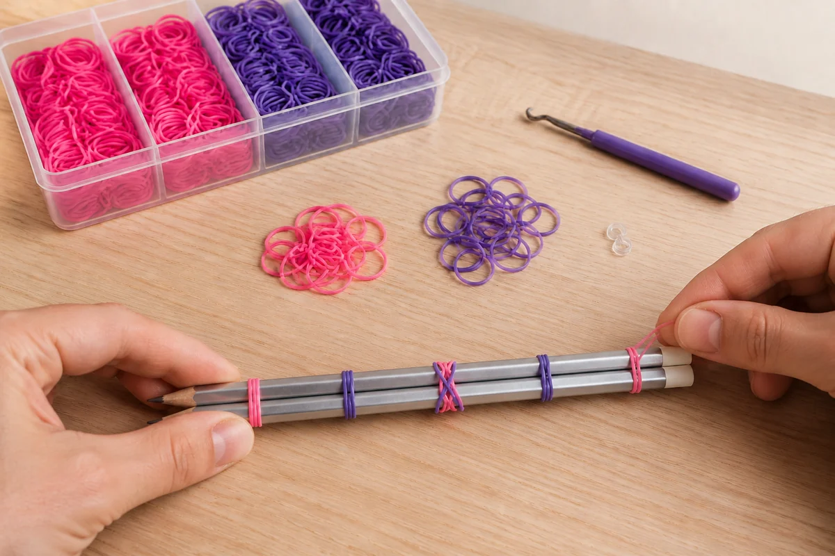 Étape 2 de bracelets élastiques loom : croiser la base