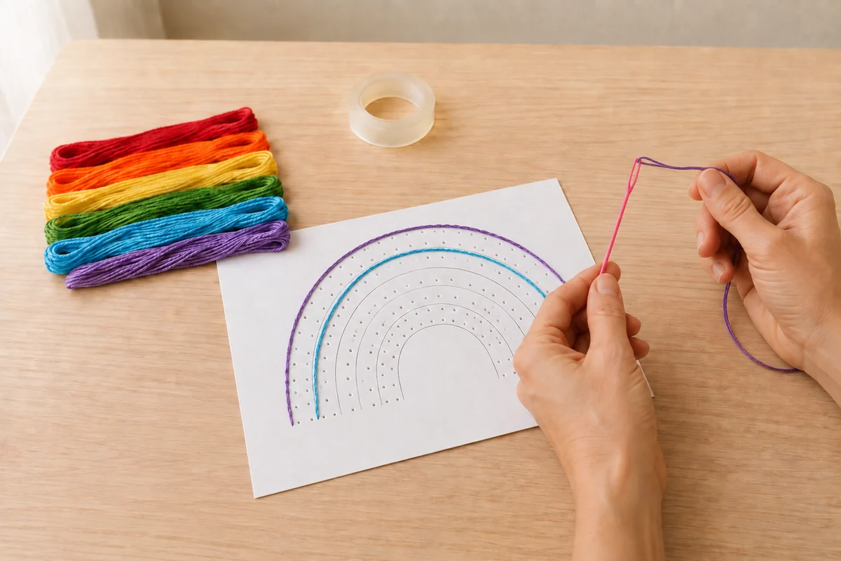 Étape 3 de broderie sur carton : broder les premiers arcs