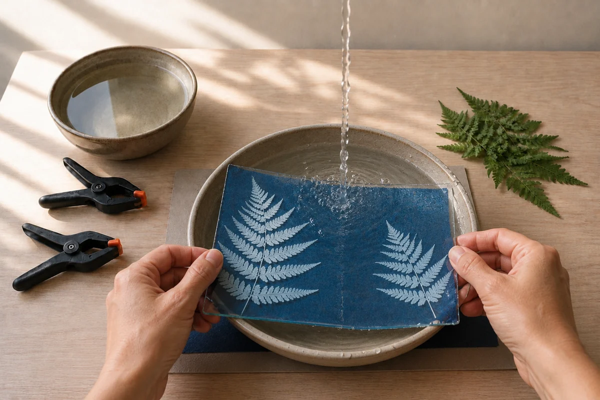 Étape 4 de cyanotype enfant : rincer à l’eau