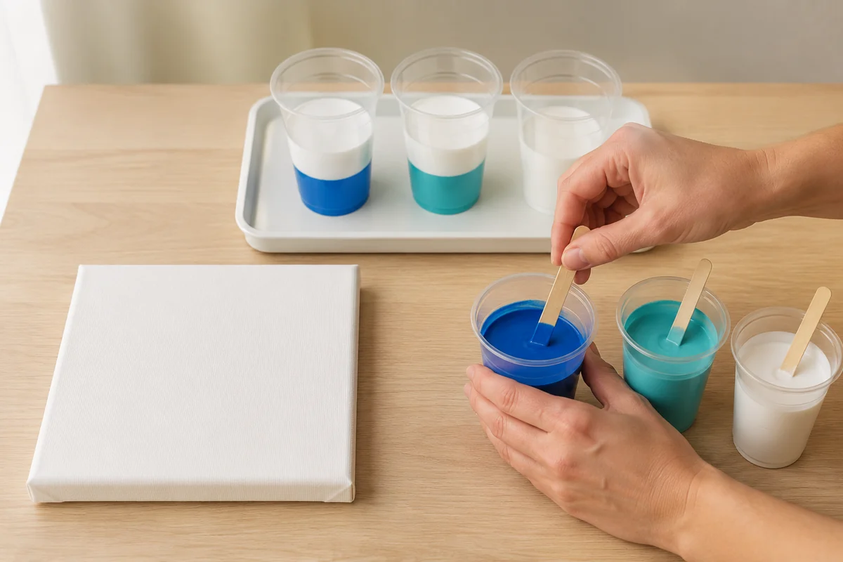 Étape 1 de pouring art enfant : préparer les couleurs fluides