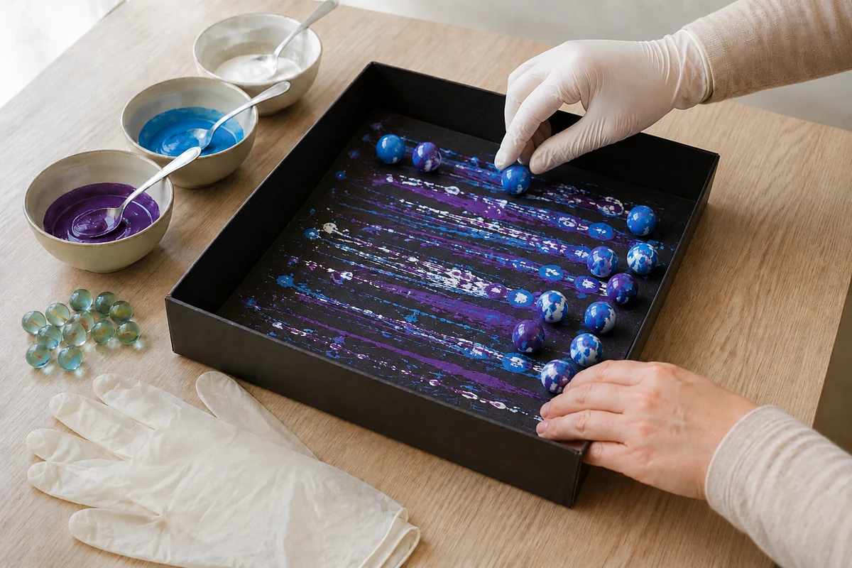 Étape 3 de peinture aux billes : faire rouler les premières traces