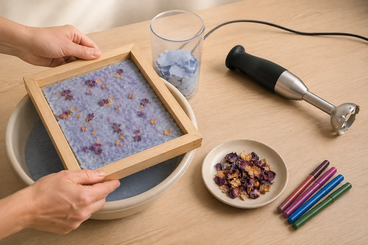 Étape 3 de papier recyclé maison : lever une feuille au tamis