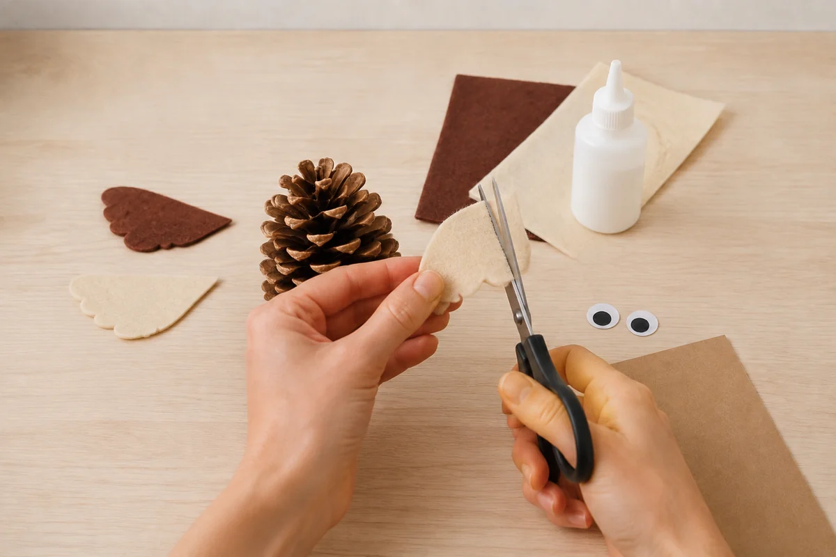 Étape 2 de bricolage pommes de pin : découper ailes et yeux