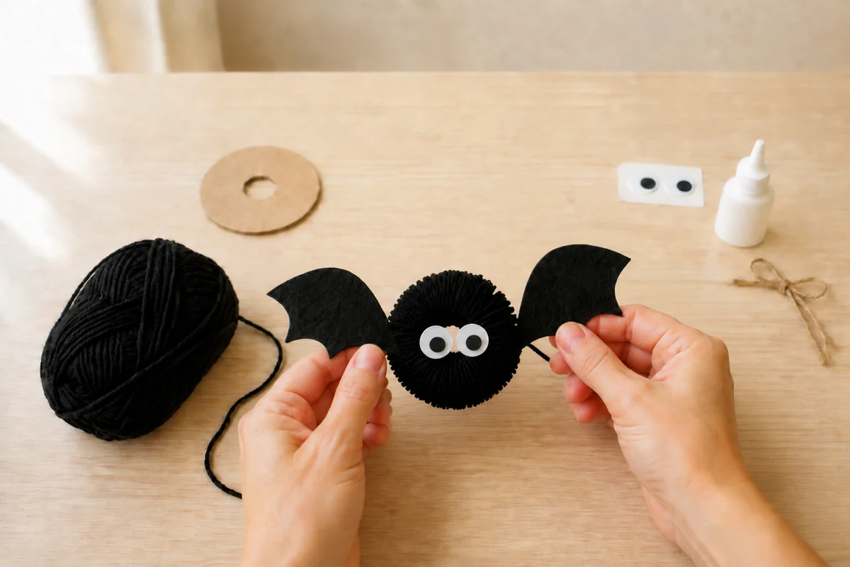 Étape 4 de chauve-souris en pompons : assembler le visage et les ailes