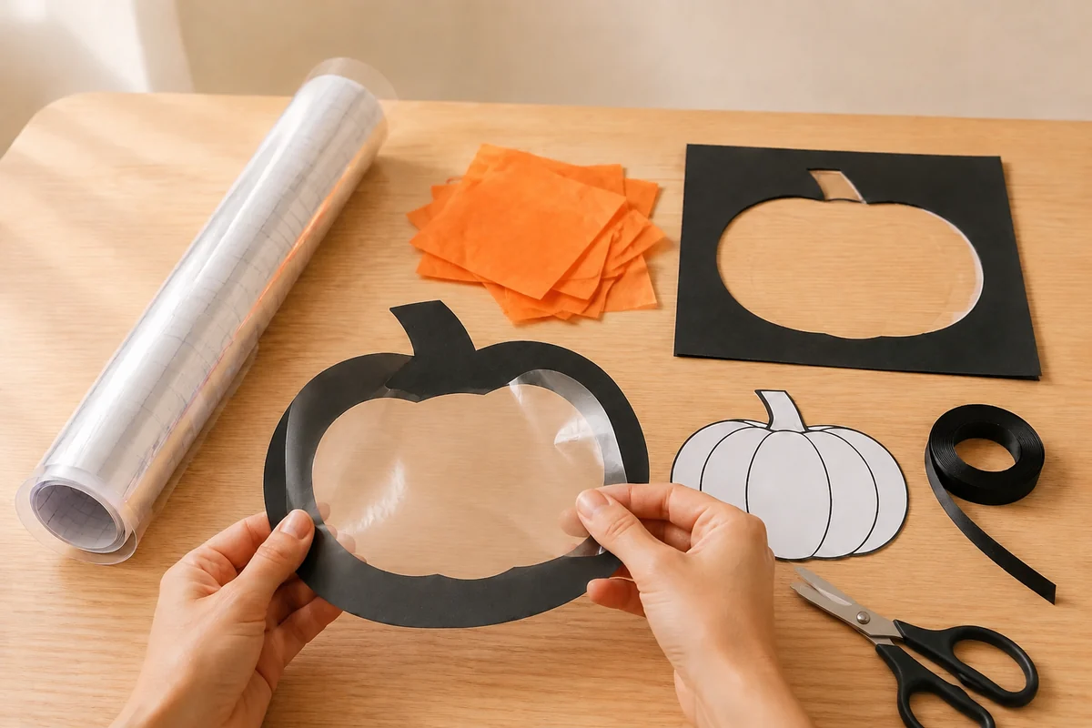Étape 2 de attrape-soleil halloween : poser la première feuille adhésive