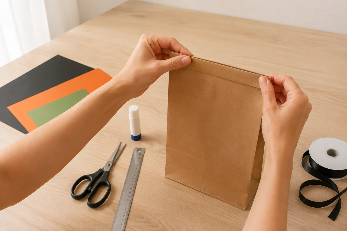 Étape 1 de sac à bonbons halloween en papier kraft : renforcer le haut du sac