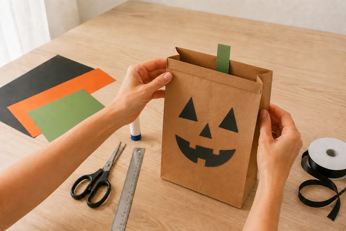 Étape 3 de sac à bonbons halloween en papier kraft : ajouter la tige et les côtés