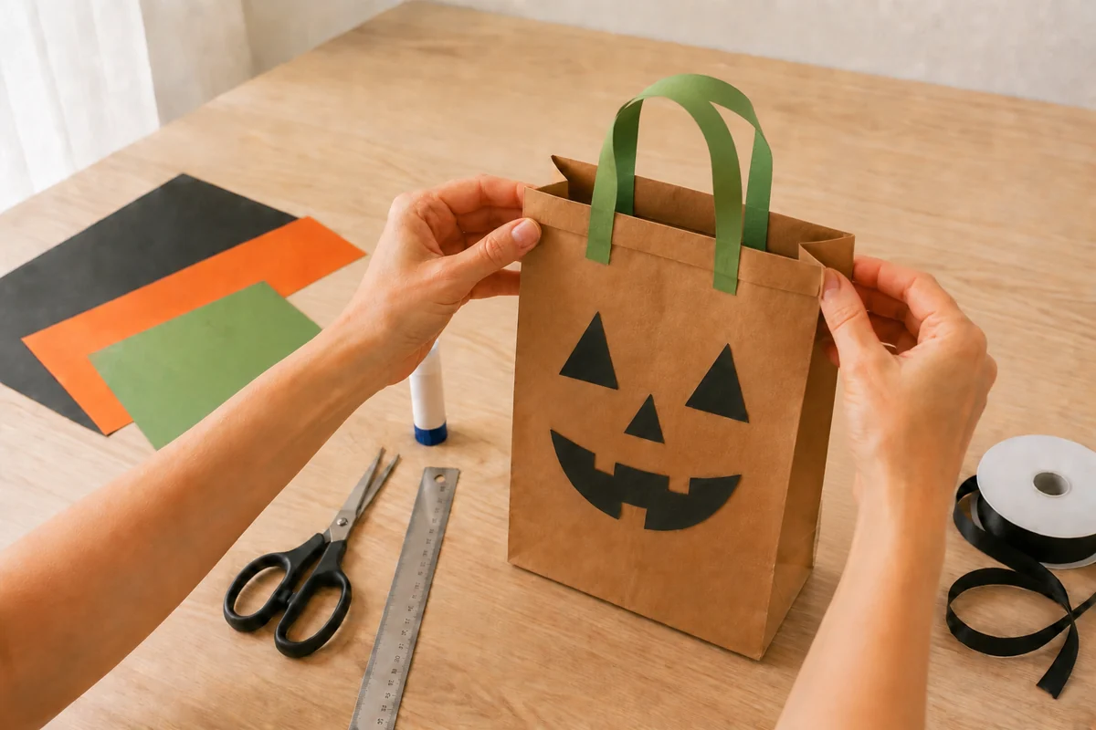 Étape 4 de sac à bonbons halloween en papier kraft : fixer les poignées