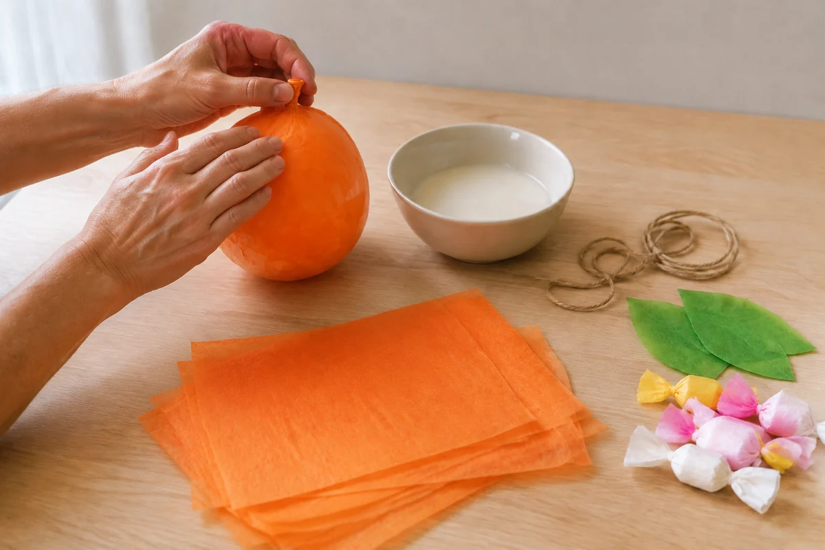 Étape 2 de citrouille surprise en papier de soie à remplir : poser les couches de papier