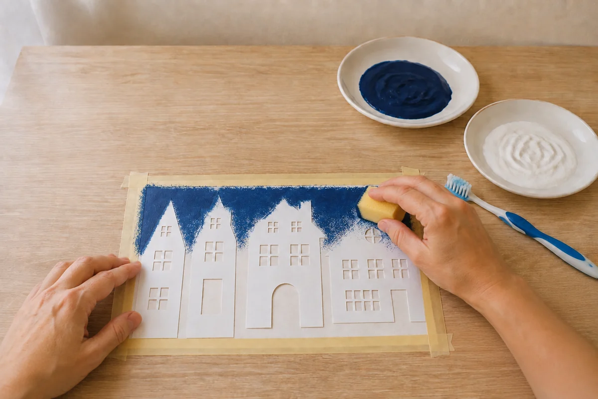 Étape 3 de silhouettes de noël à la peinture : tamponner la neige