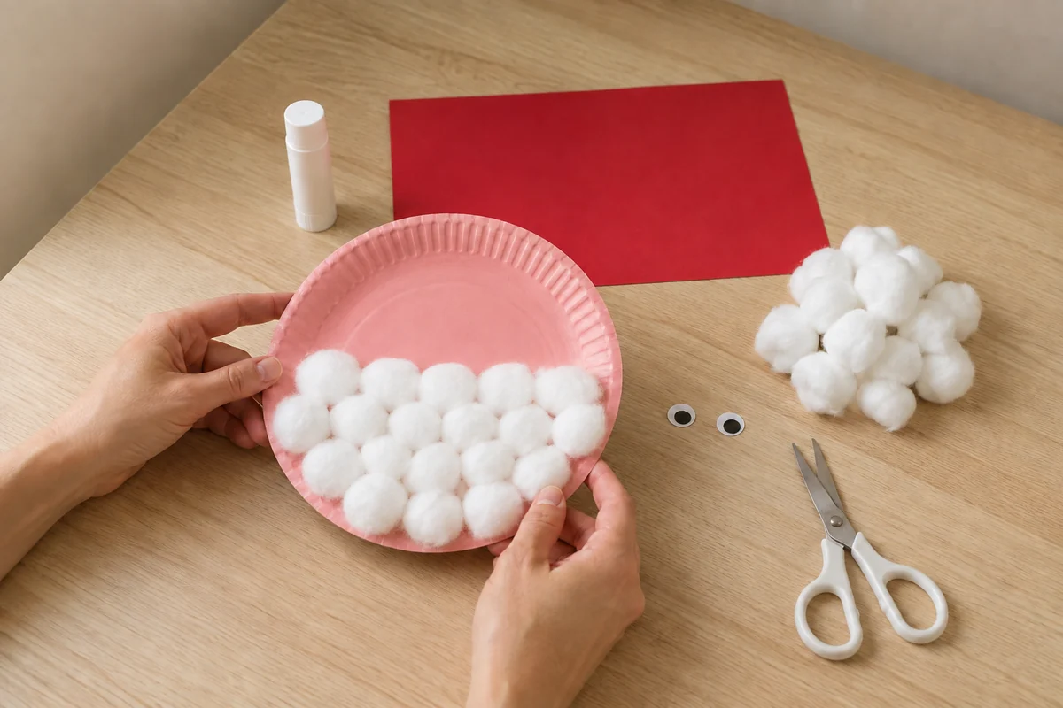 Étape 2 de père noël en boules de coton : coller la barbe