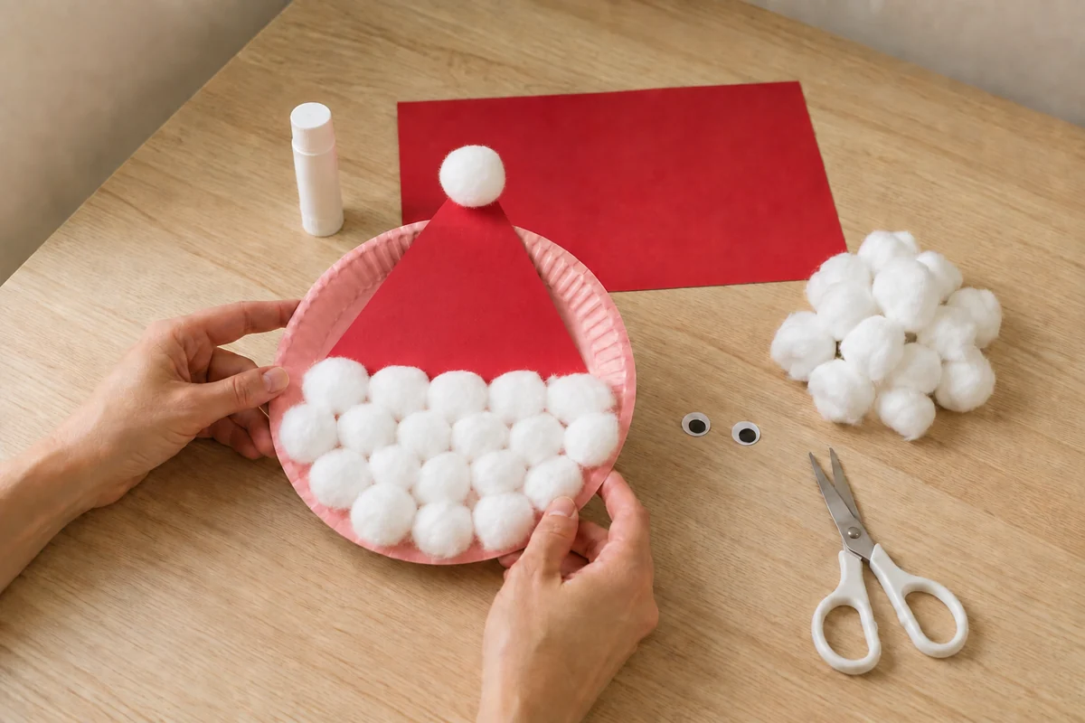 Étape 3 de père noël en boules de coton : former bonnet et pompon
