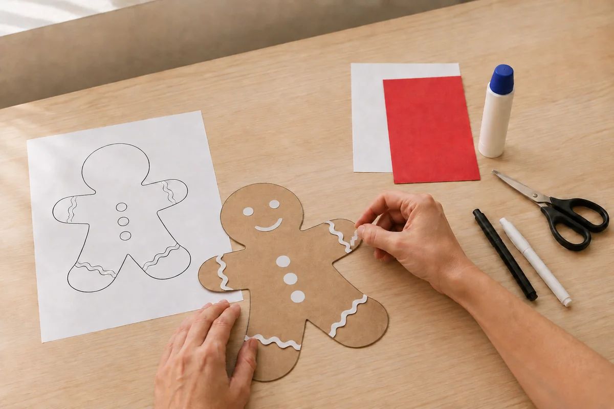 Étape 3 de bonhomme en pain d'épices en papier : ajouter visage et boutons