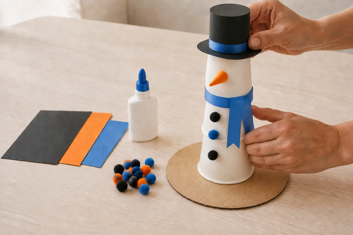 Étape 3 de bonhomme de neige en gobelet : ajouter boutons et écharpe