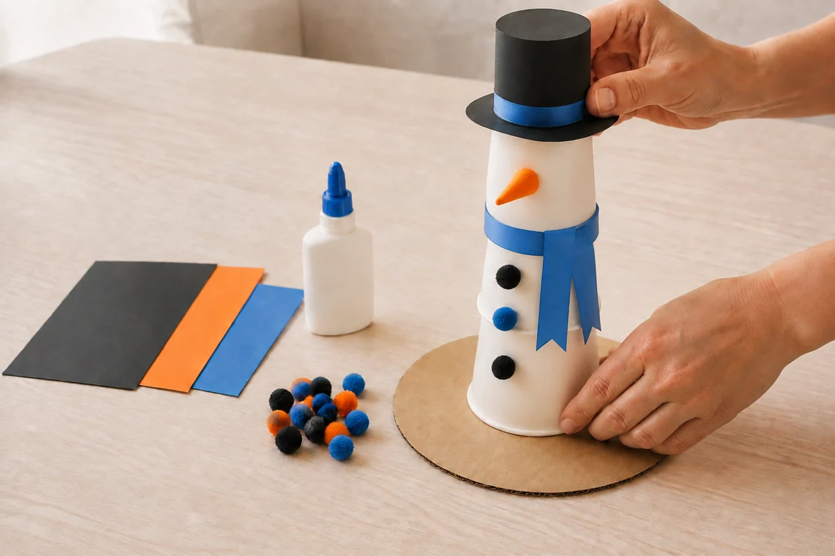 Étape 4 de bonhomme de neige en gobelet : fixer sur le socle