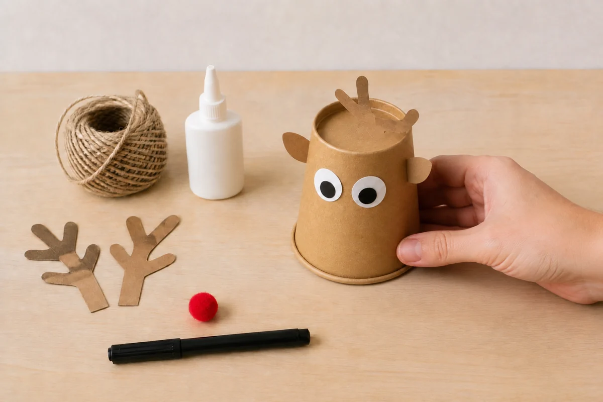 Étape 3 de renne de noël en gobelet : coller visage et oreilles