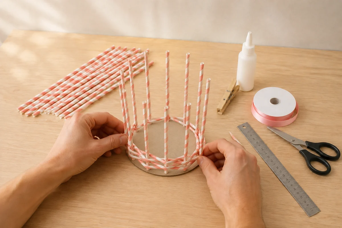 Étape 2 de panier de pâques en pailles de carton : tresser le premier tour