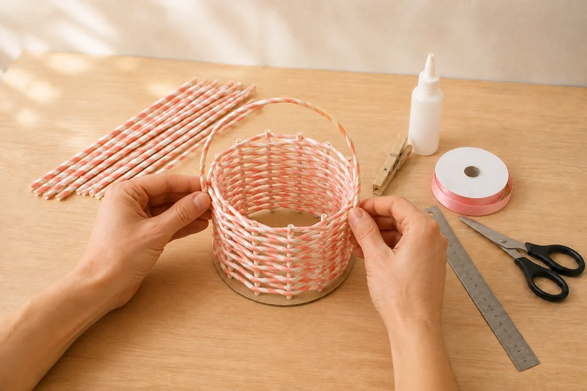 Étape 4 de panier de pâques en pailles de carton : finir le bord et l’anse