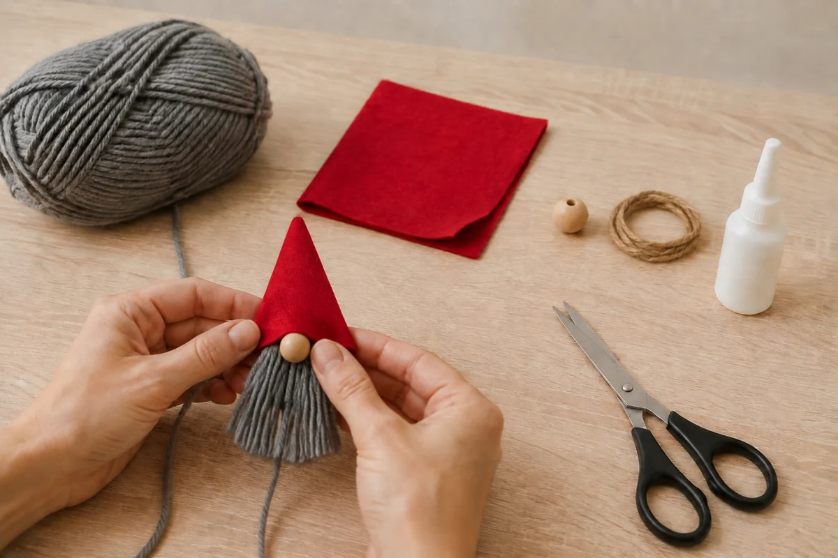 Étape 3 de gnome de noël en laine : assembler nez et barbe