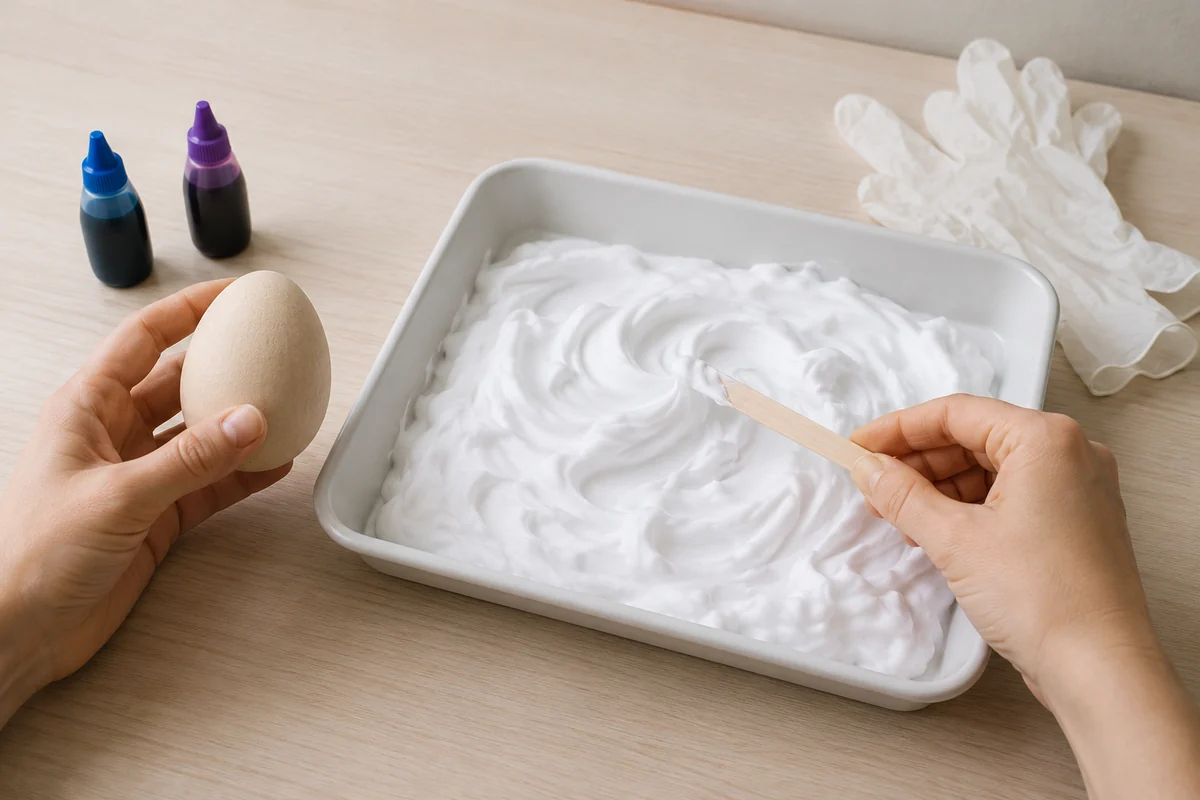 Étape 1 de œufs de pâques marbrés : préparer l’œuf et la mousse