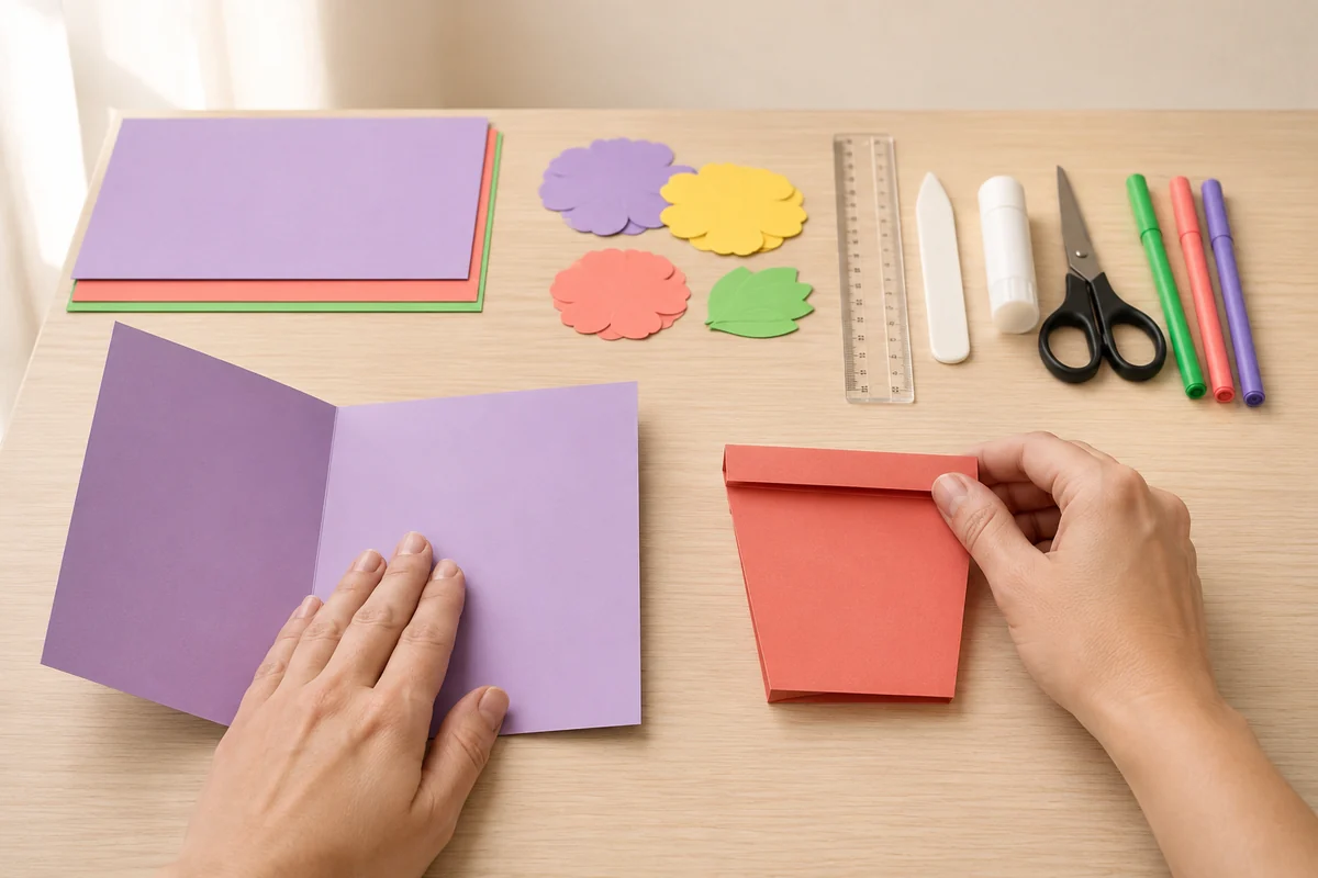 Étape 1 de carte pot de fleurs fête des mères : plier la carte et le pot