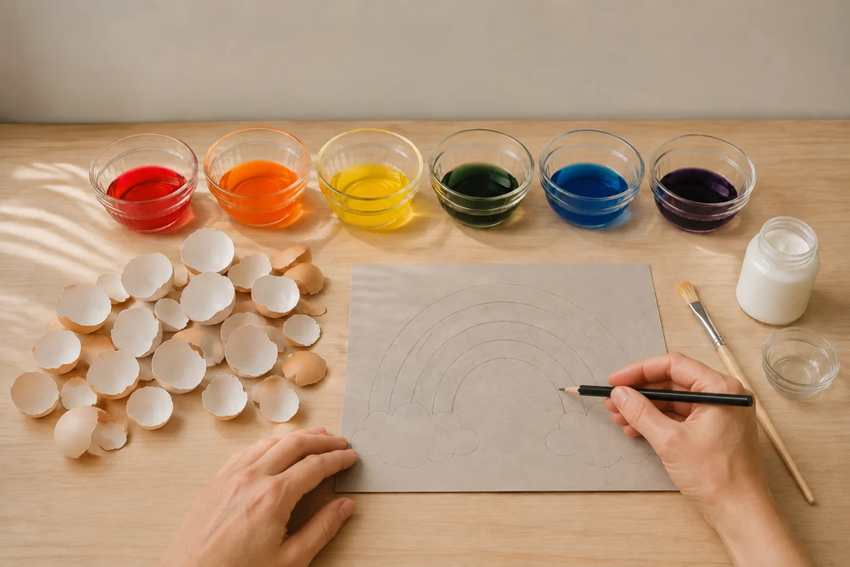 Étape 2 de mosaïque en coquilles d'œufs : dessiner l’arc-en-ciel