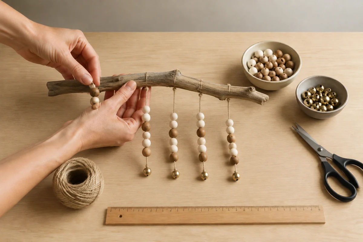 Étape 2 de carillon maison en bois flotté et perles : enfiler les perles
