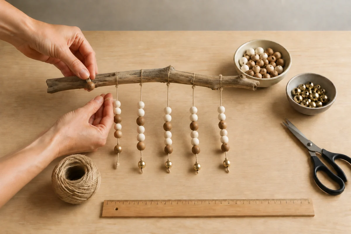 Étape 3 de carillon maison en bois flotté et perles : nouer les cinq pendants