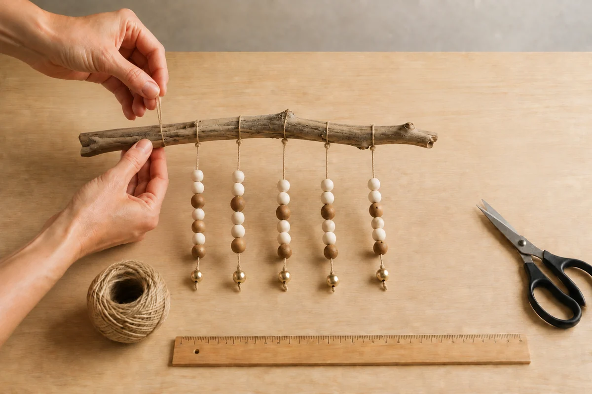 Étape 4 de carillon maison en bois flotté et perles : fixer au bois