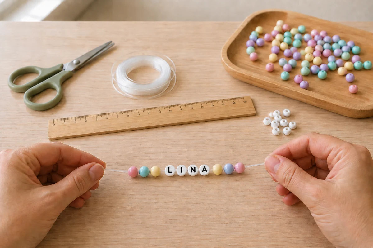 Étape 3 de bracelet prénom en perles alphabet : enfiler lettres et perles