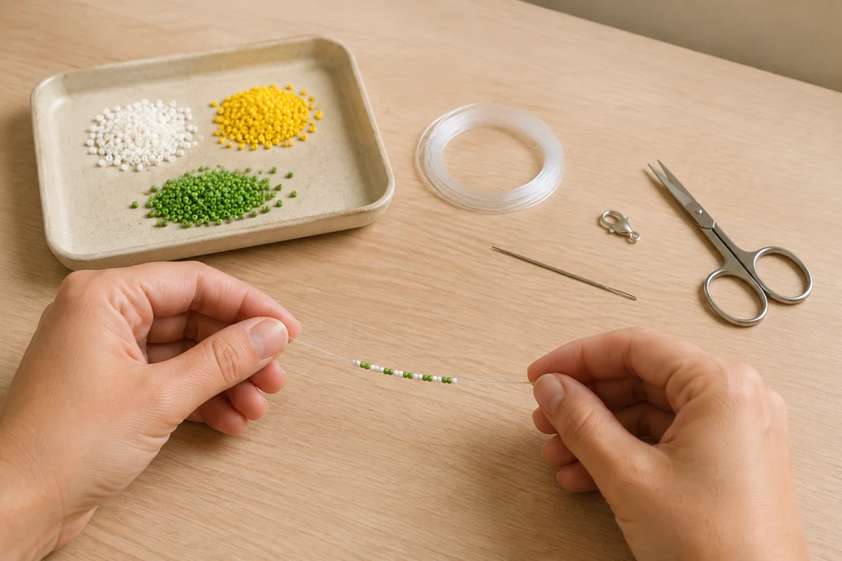 Étape 1 de bracelets de fleurs en perles : mesurer et enfiler la base