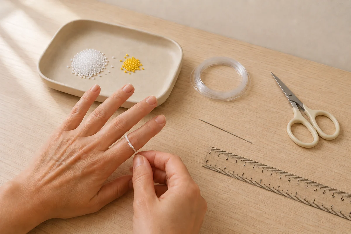 Étape 2 de bagues en perles : enfiler l’anneau de base