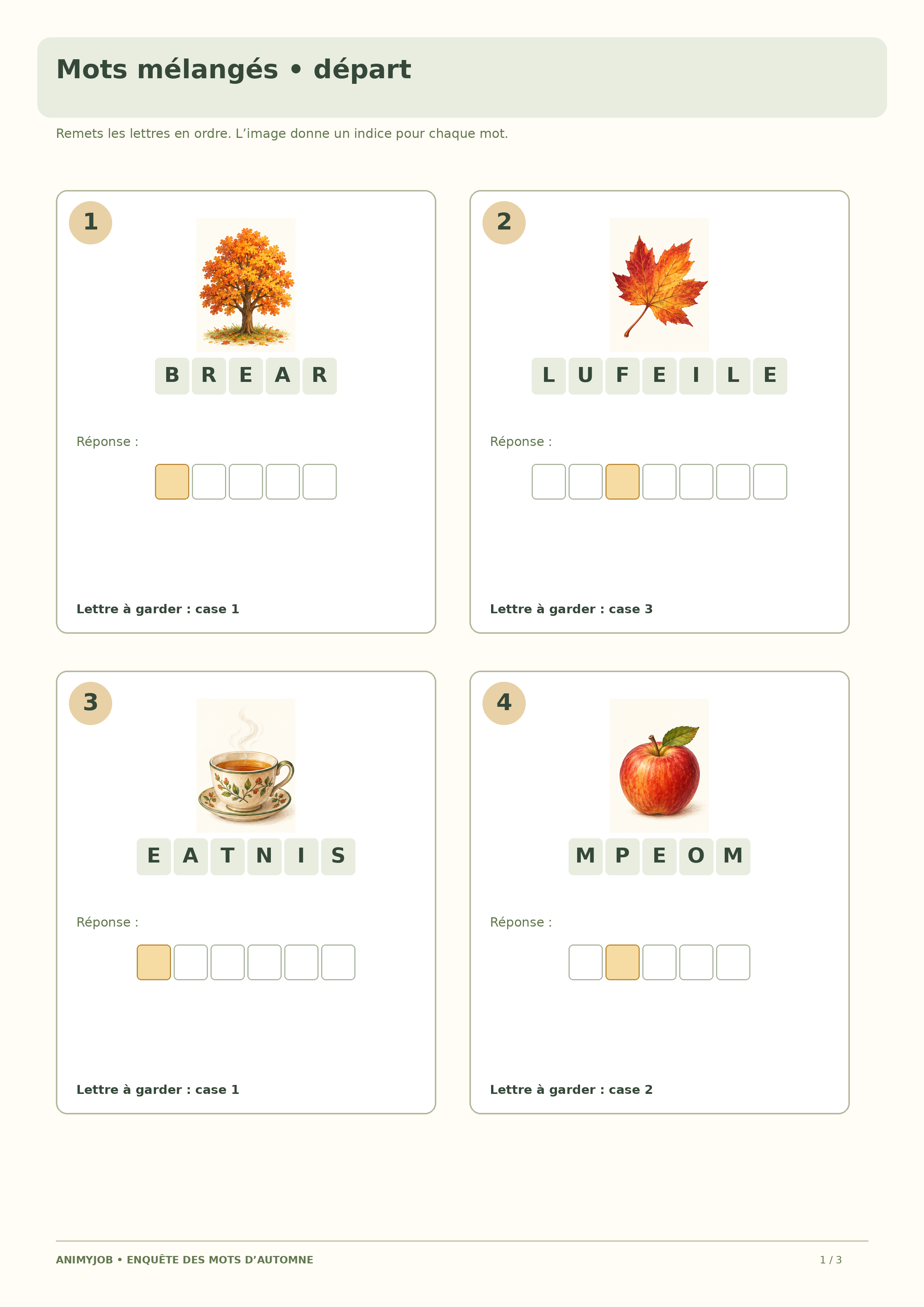 Quatre anagrammes illustrées d’automne avec cases de réponse et case dorée à prélever