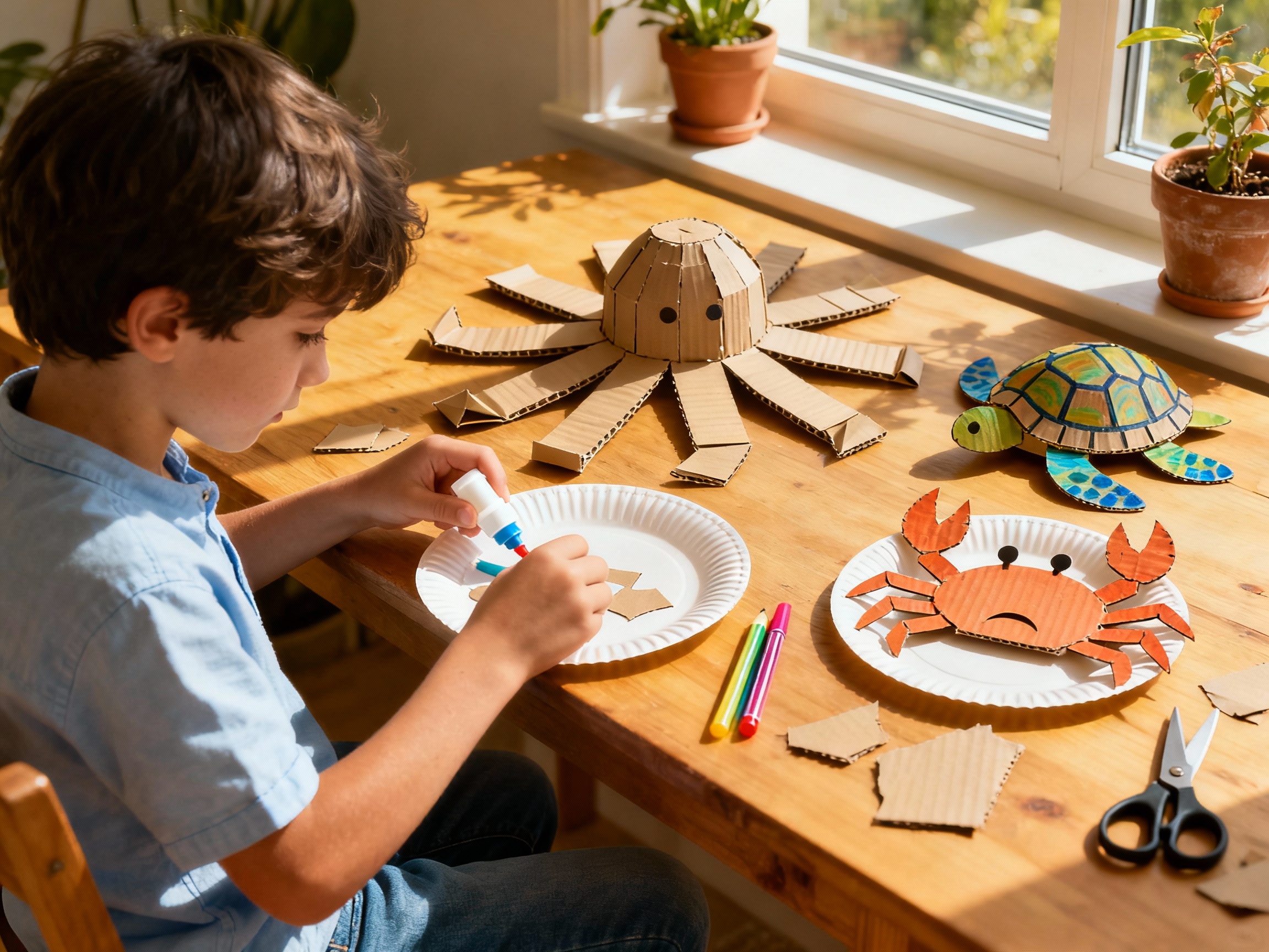 Enfant qui fabrique une pieuvre, une tortue et un crabe avec des assiettes en carton