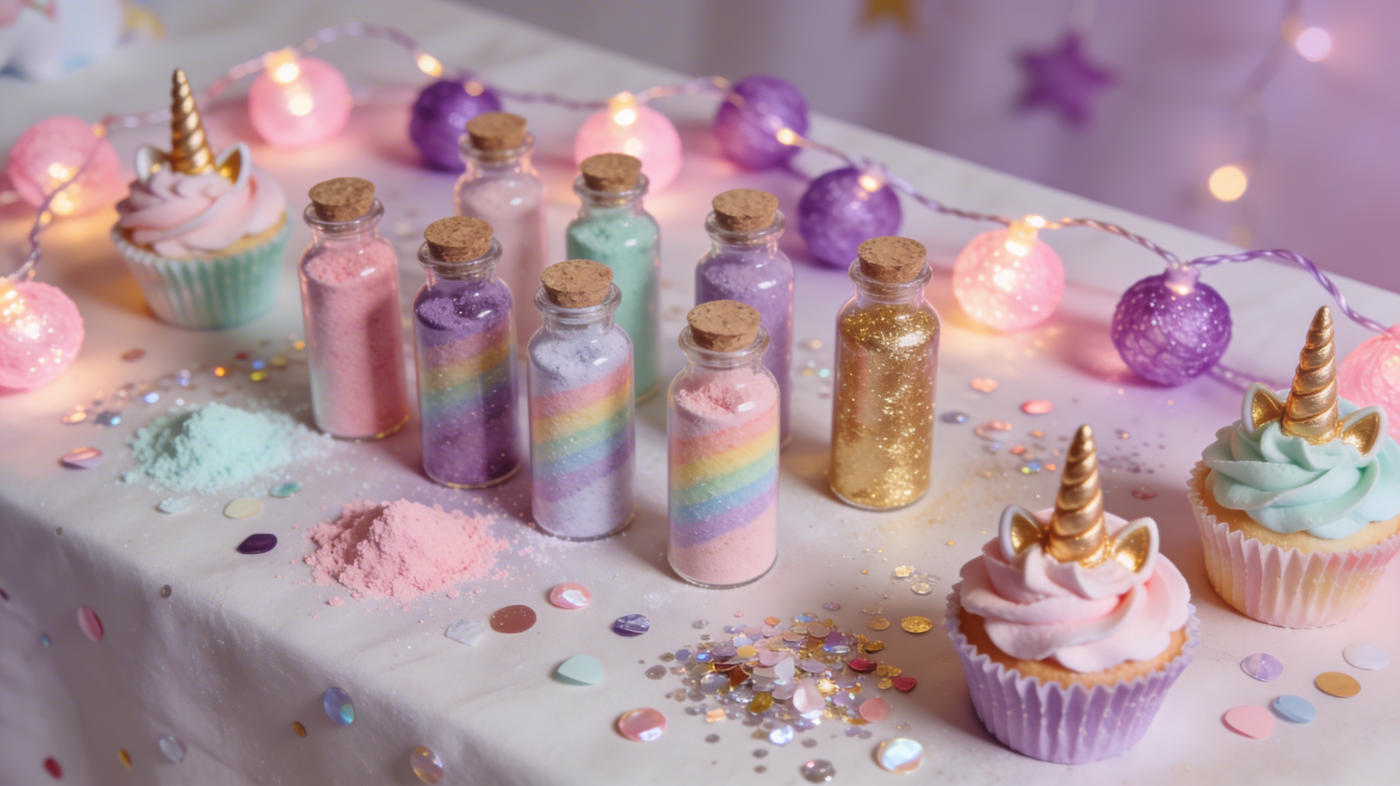Table d'anniversaire licorne et potions magiques arc-en-ciel