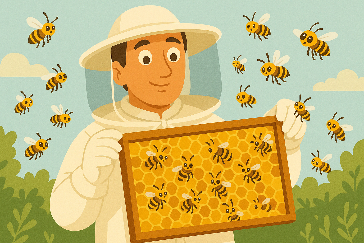 Apiculteur observant un cadre de ruche rempli d’alvéoles et d’abeilles