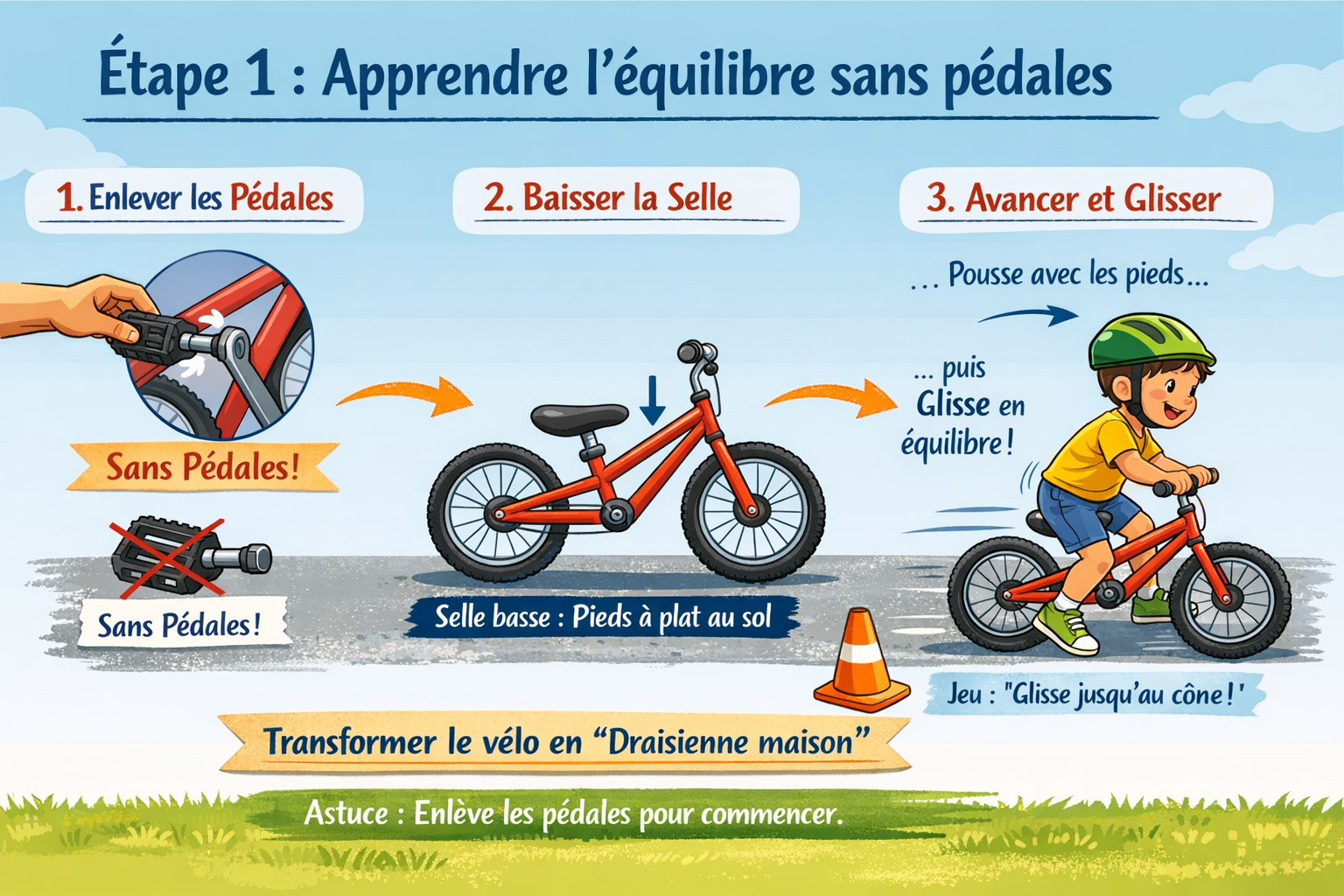 Étape 1 : l'enfant marche assis sur le vélo, pieds au sol, posture détendue